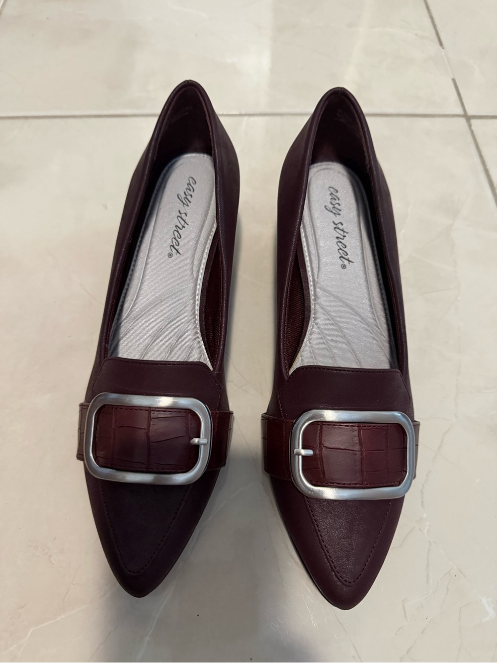 easy street Burgundy Pointed Toe Flats with Silver Buckle